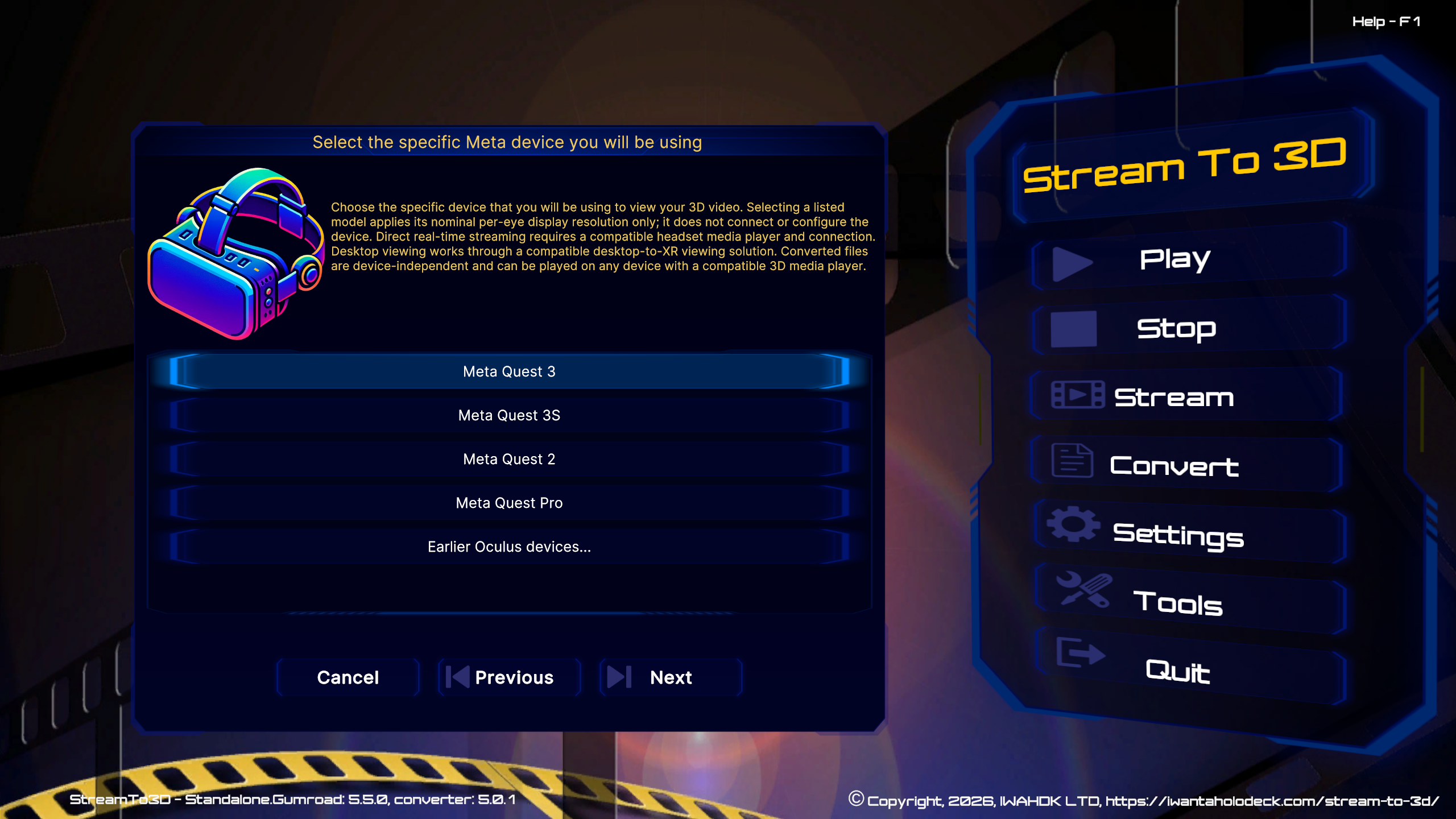 Stream to 3D Configuration Wizard showing current Meta Quest devices followed by an option for earlier Oculus devices