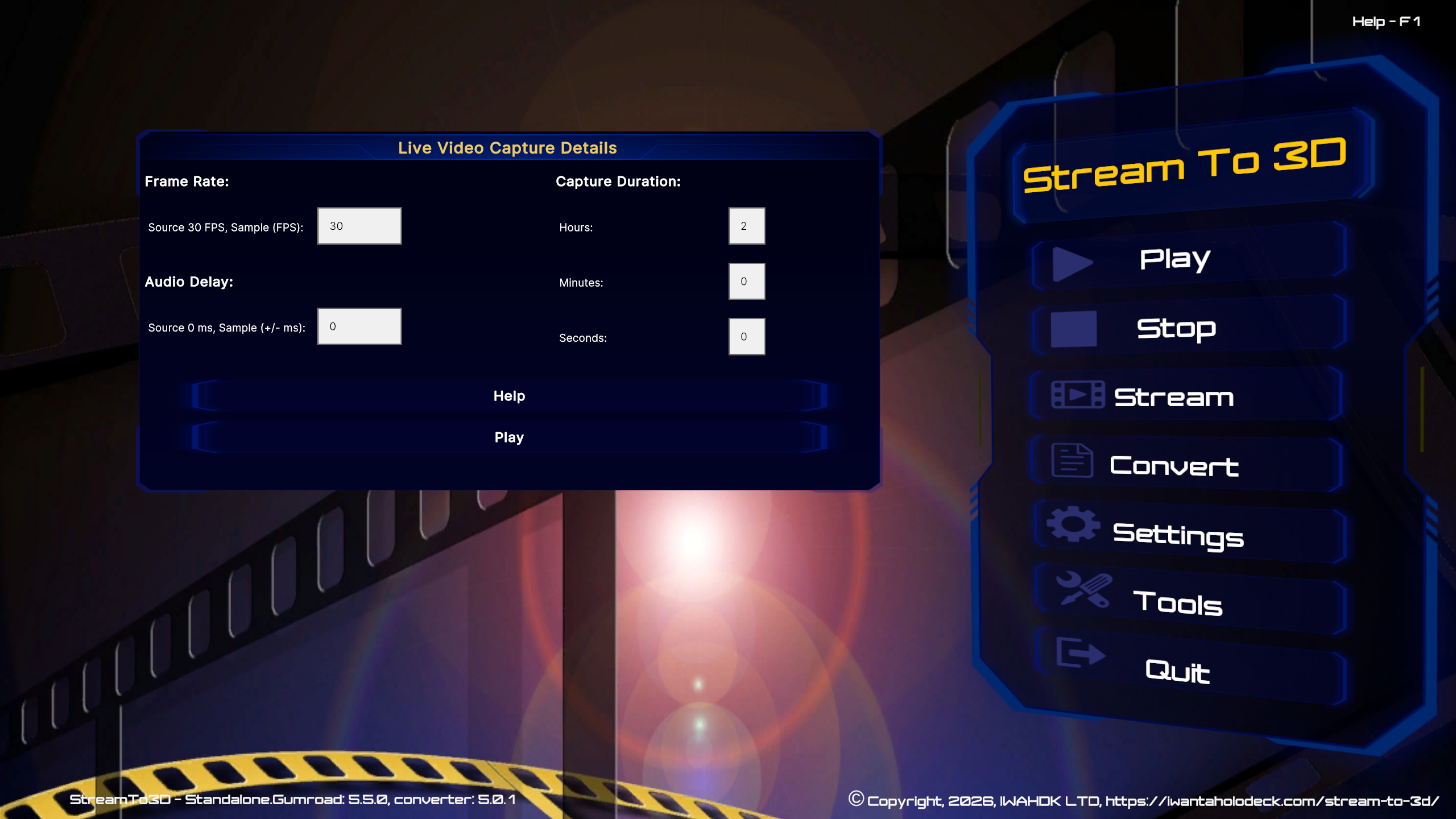 Stream to 3D Live Video Capture Details showing sample frame rate, audio delay and a two-hour capture duration
