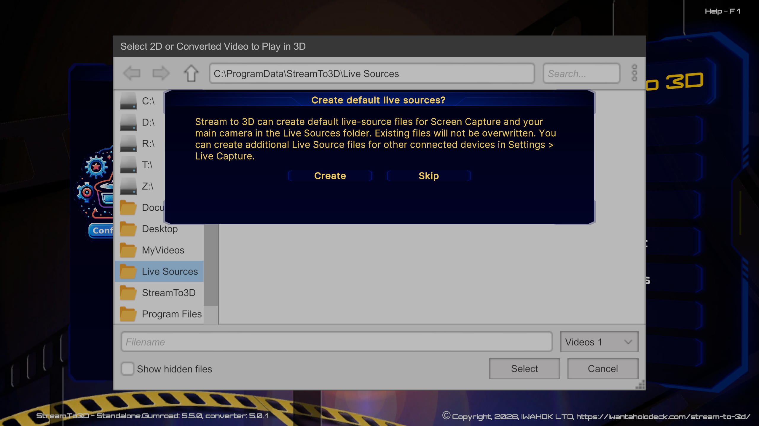 Stream to 3D asking whether to create default Main Camera and Screen Capture Live Sources