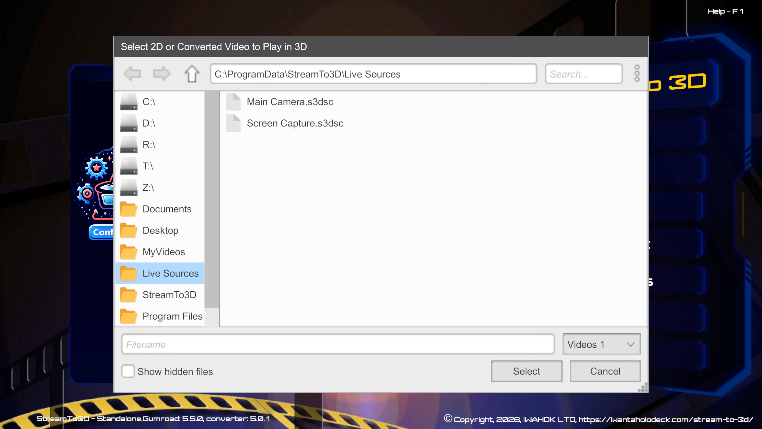 The Stream to 3D Play file browser showing Main Camera and Screen Capture in the Live Sources folder