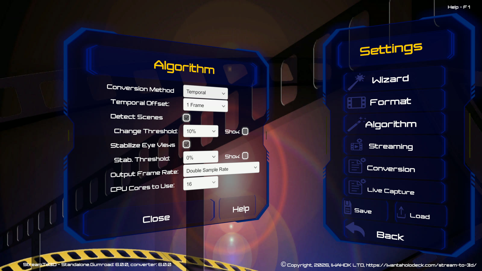 Stream to 3D Release 6 Algorithm settings with Temporal selected and its offset, scene detection and stabilization controls visible