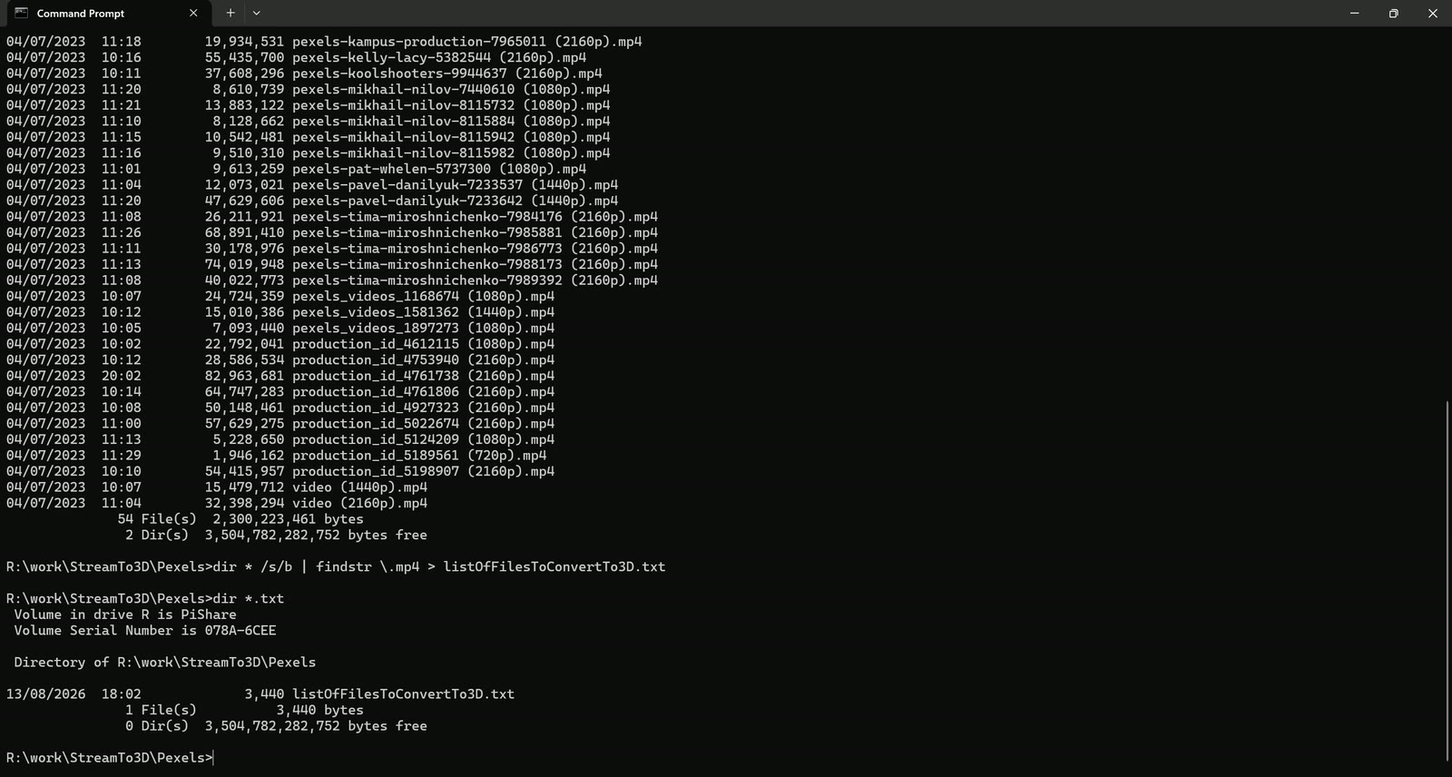 Windows Command Prompt creating a batch-conversion text file from licensed Pexels MP4 source paths
