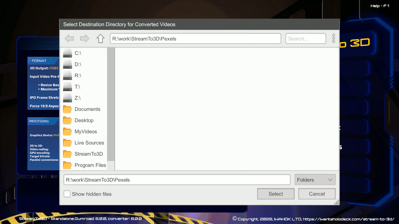 Release 6 destination-folder browser for a batch of converted 3D videos