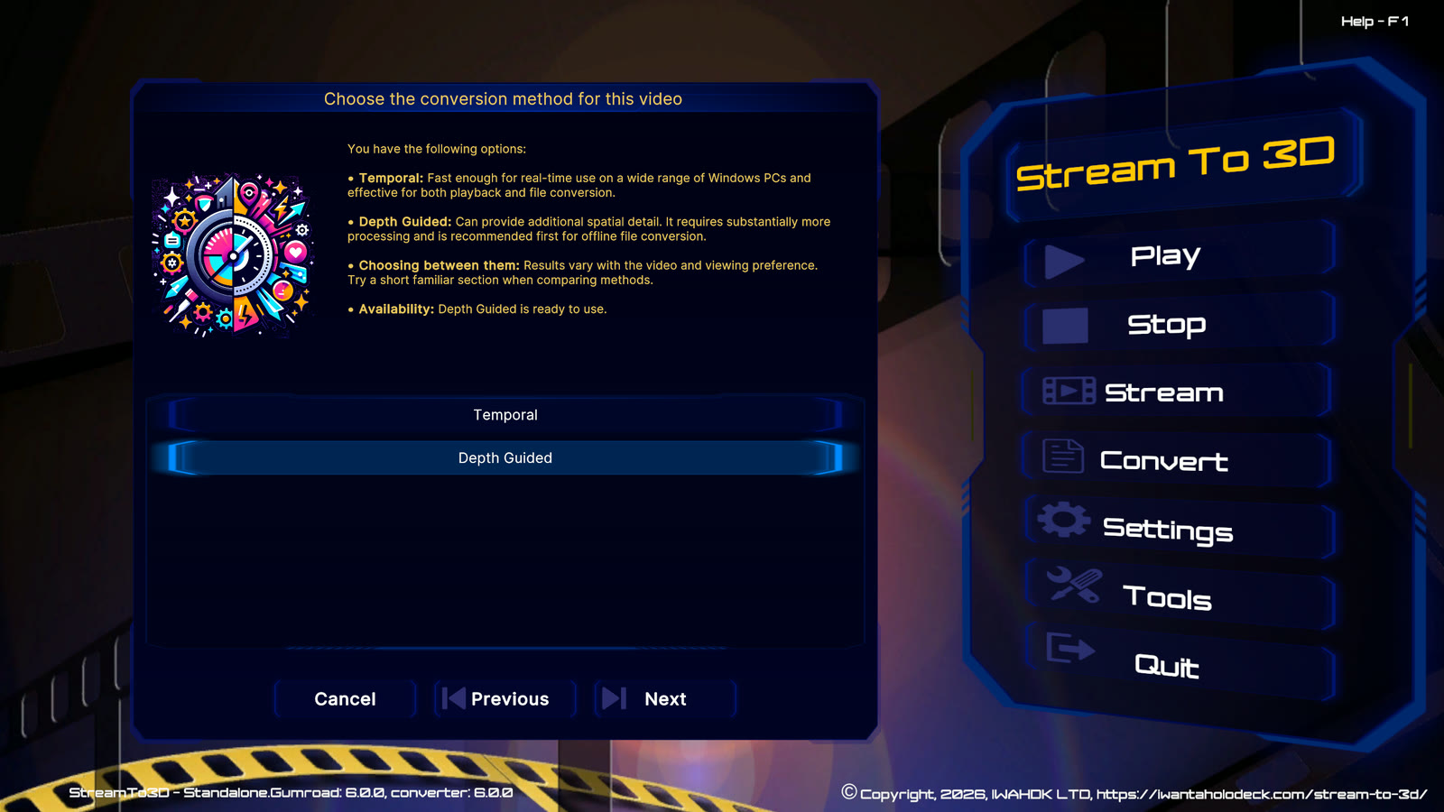 Stream to 3D Release 6 Convert Wizard offering Temporal and Depth Guided conversion