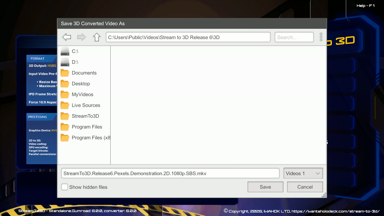 Release 6 Save dialog with a separate stereoscopic output filename beside the source folder