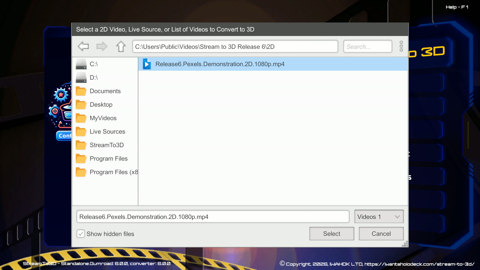 Stream to 3D Release 6 Convert source browser with the licensed Pexels demonstration video selected