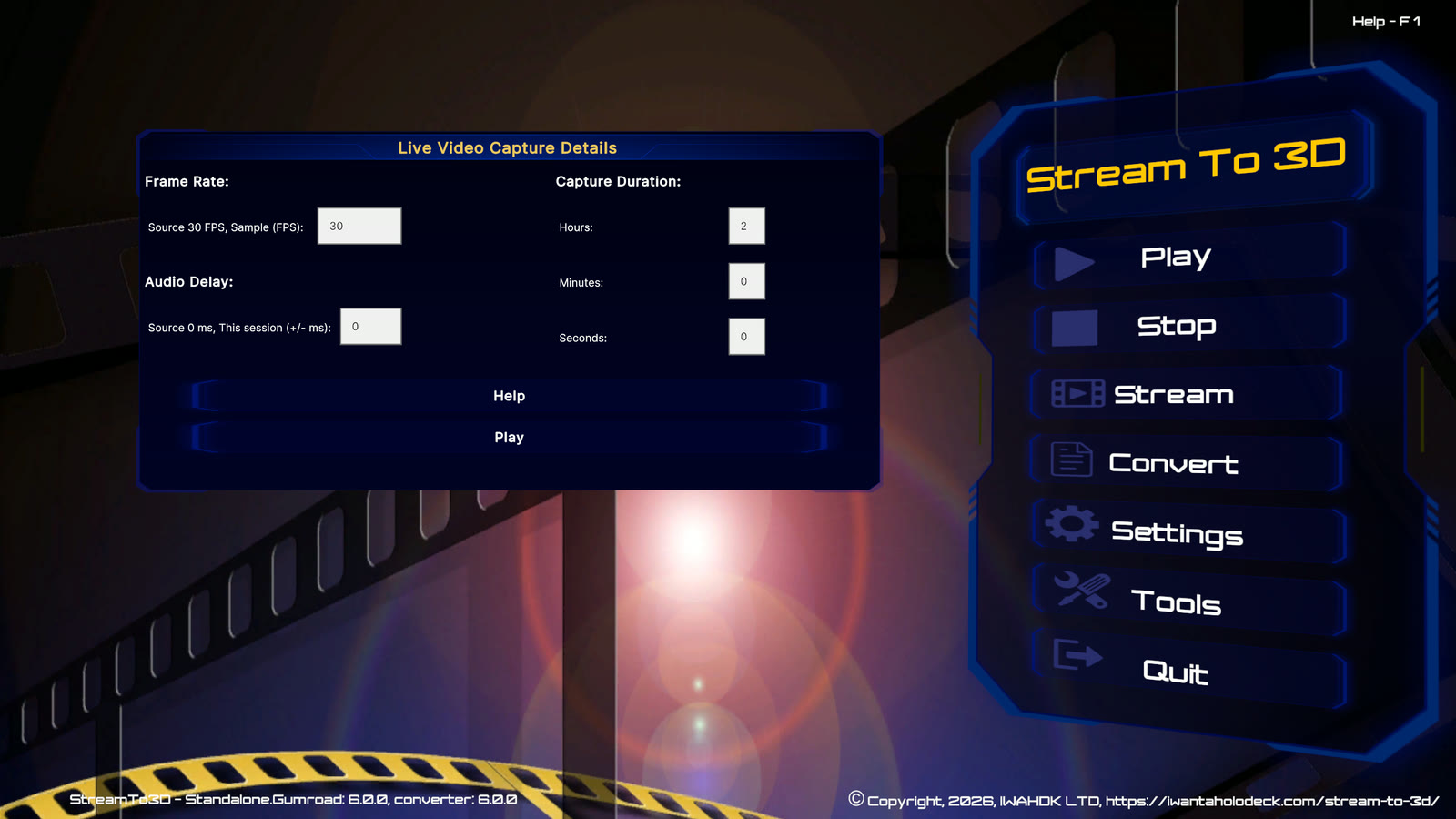 Stream to 3D Live Video Capture Details showing sample frame rate, audio delay and a two-hour capture duration