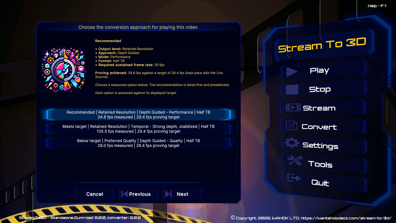 Configuration Wizard recommending Depth Guided Performance for a PC-screen Live Source and showing measured alternatives