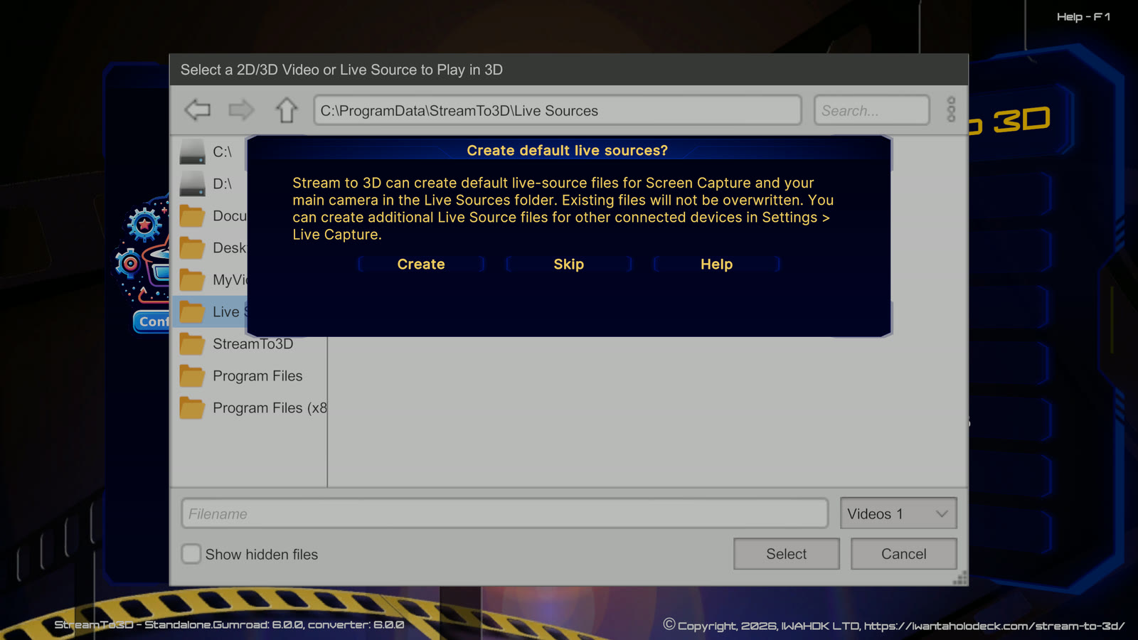 Stream to 3D asking whether to create the default Screen Capture and Main Camera live sources