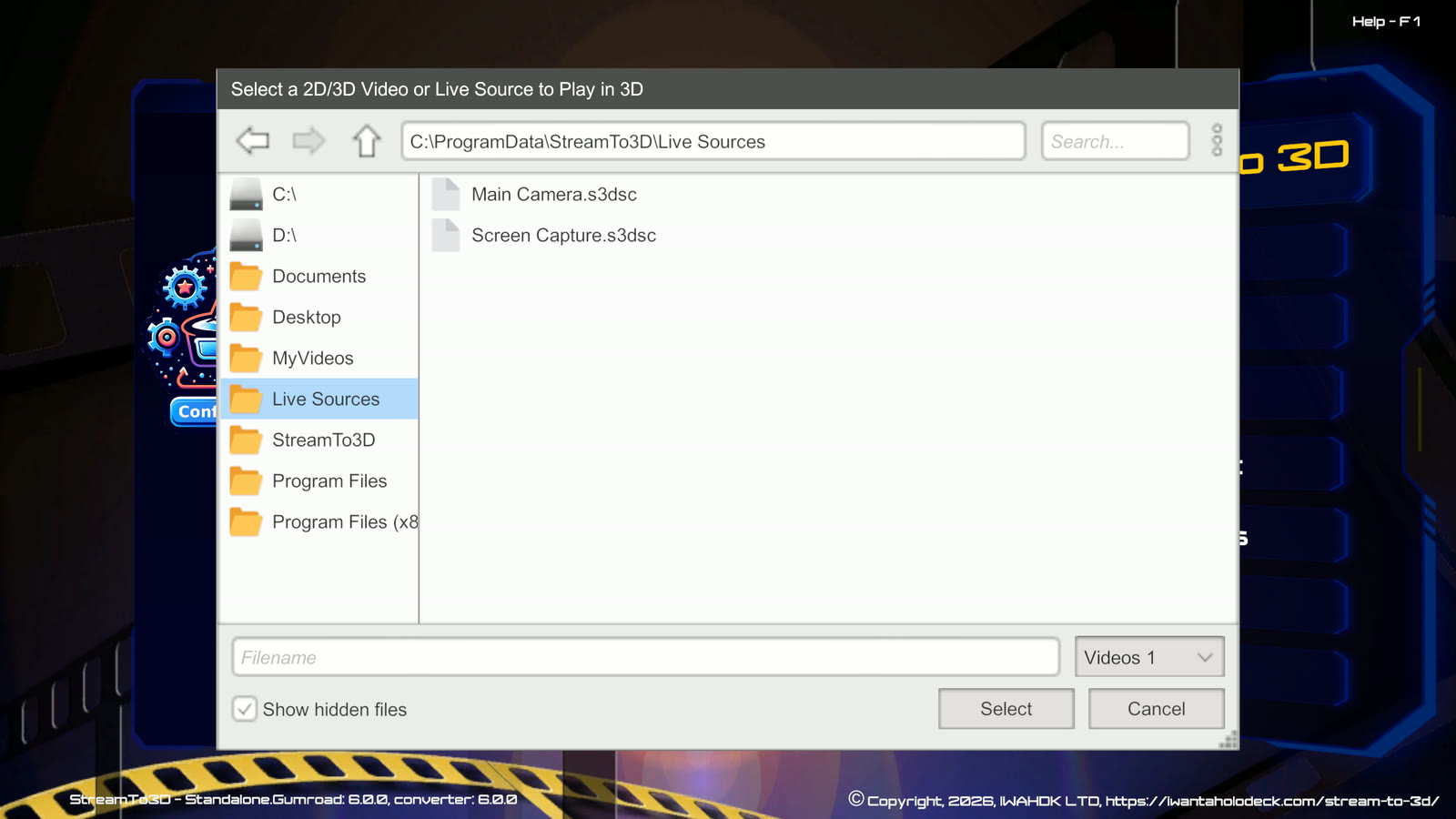 The Stream to 3D Play file browser showing Main Camera and Screen Capture in the Live Sources folder
