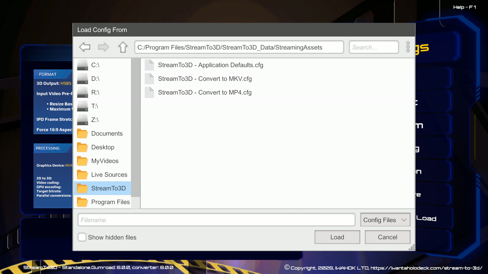 Release 6 Load Configuration dialog showing the supplied Application Defaults, Convert to MKV and Convert to MP4 files