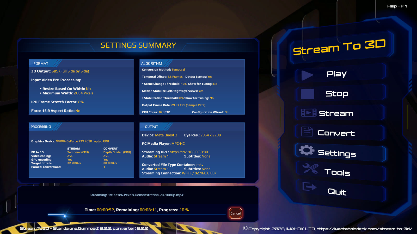 Stream to 3D actively converting the Pexels reel with Temporal and streaming Full SBS video over HTTP