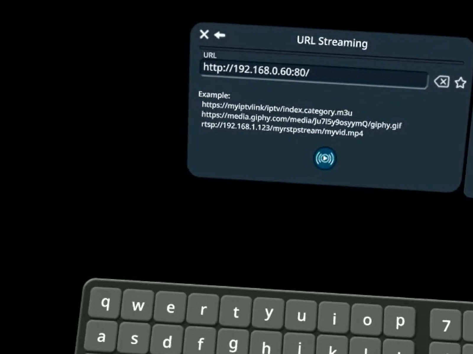 Pigasus URL Streaming entry panel containing the private-LAN Stream to 3D HTTP URL