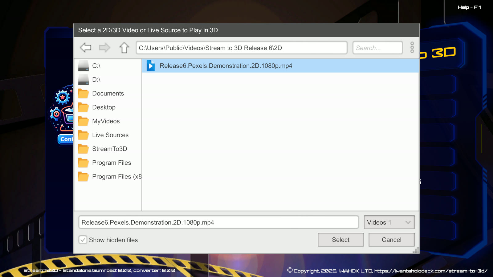 Stream to 3D Play source browser with the licensed Pexels demonstration video selected