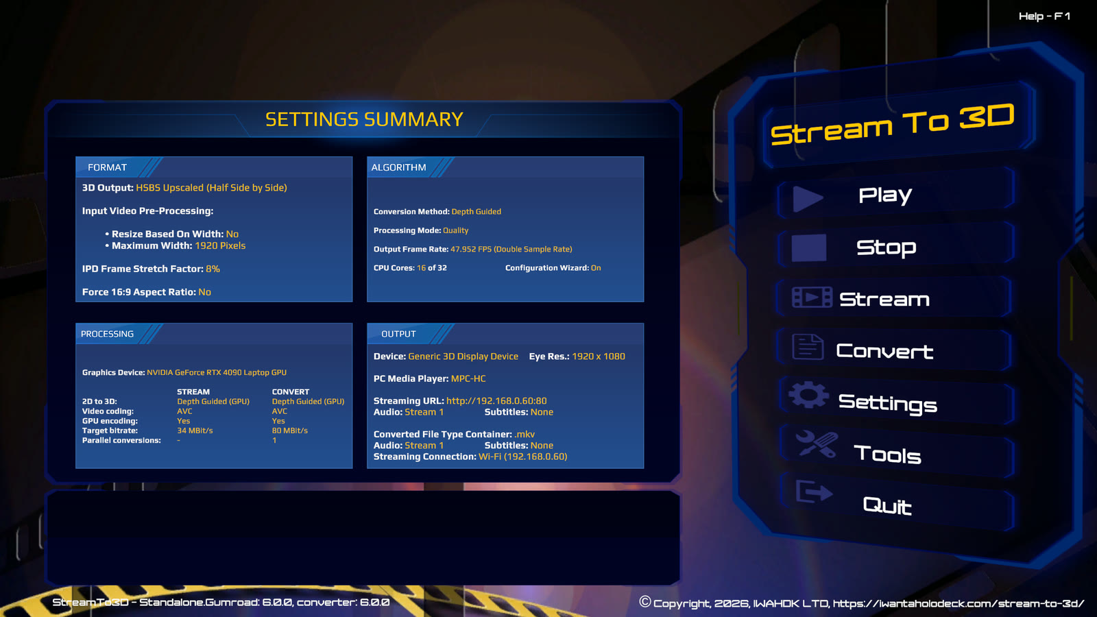 Stream to 3D Release 6 Settings Summary showing Depth Guided GPU processing for Stream and Convert