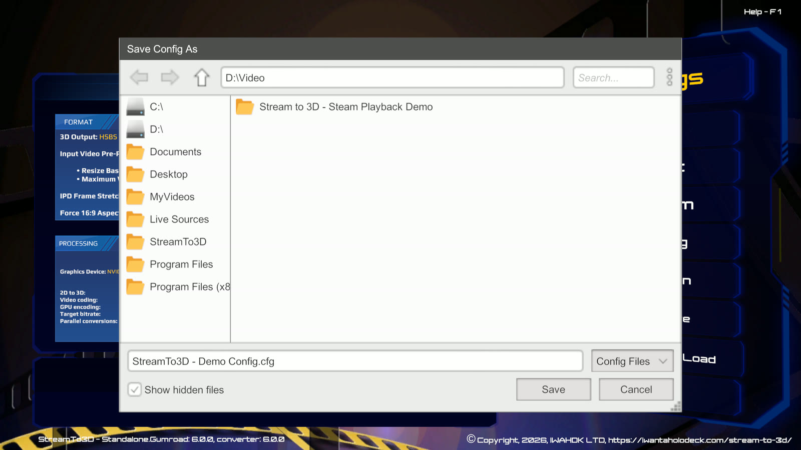 Release 6 Windows file dialog for saving a named Stream to 3D configuration file