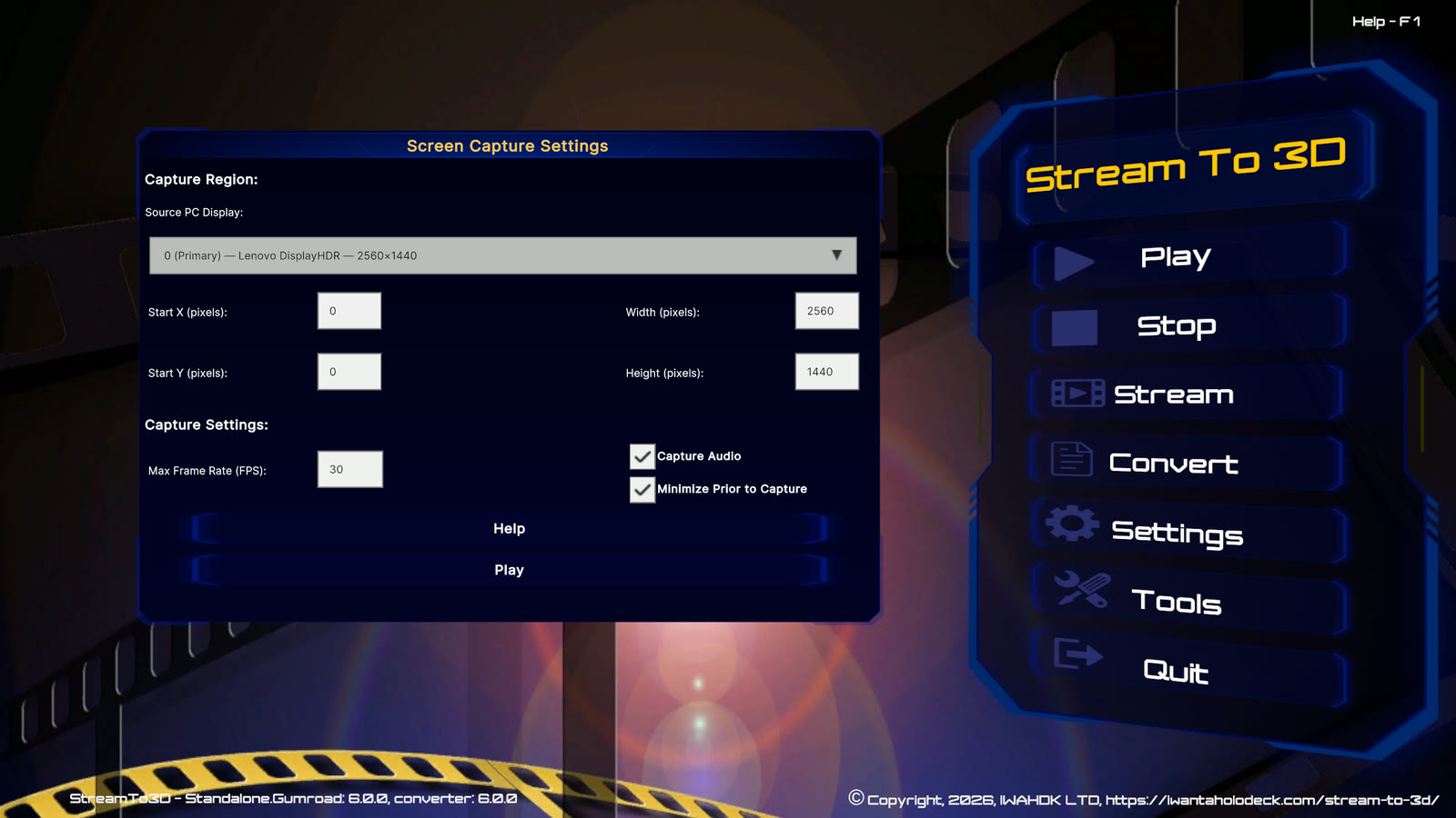 Stream to 3D Screen Capture Settings showing the selected display, full-screen region, frame rate, audio and minimise options