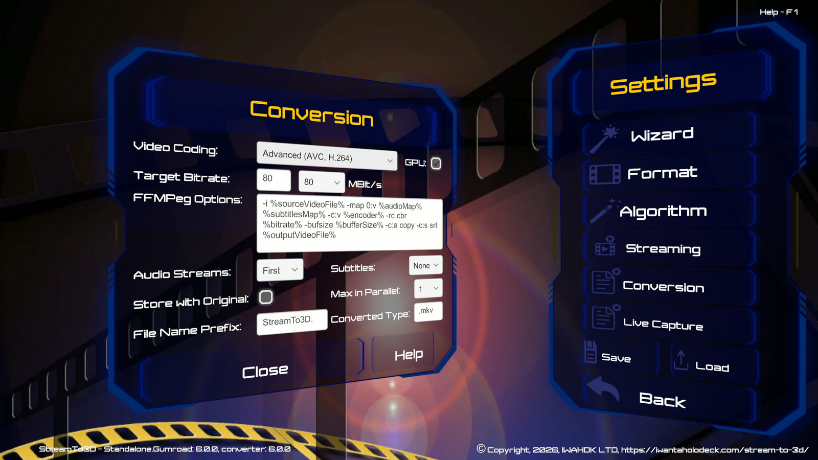 Stream to 3D Release 6 Conversion settings showing video coding, GPU encoding, bitrate, audio, subtitles and parallel conversion controls