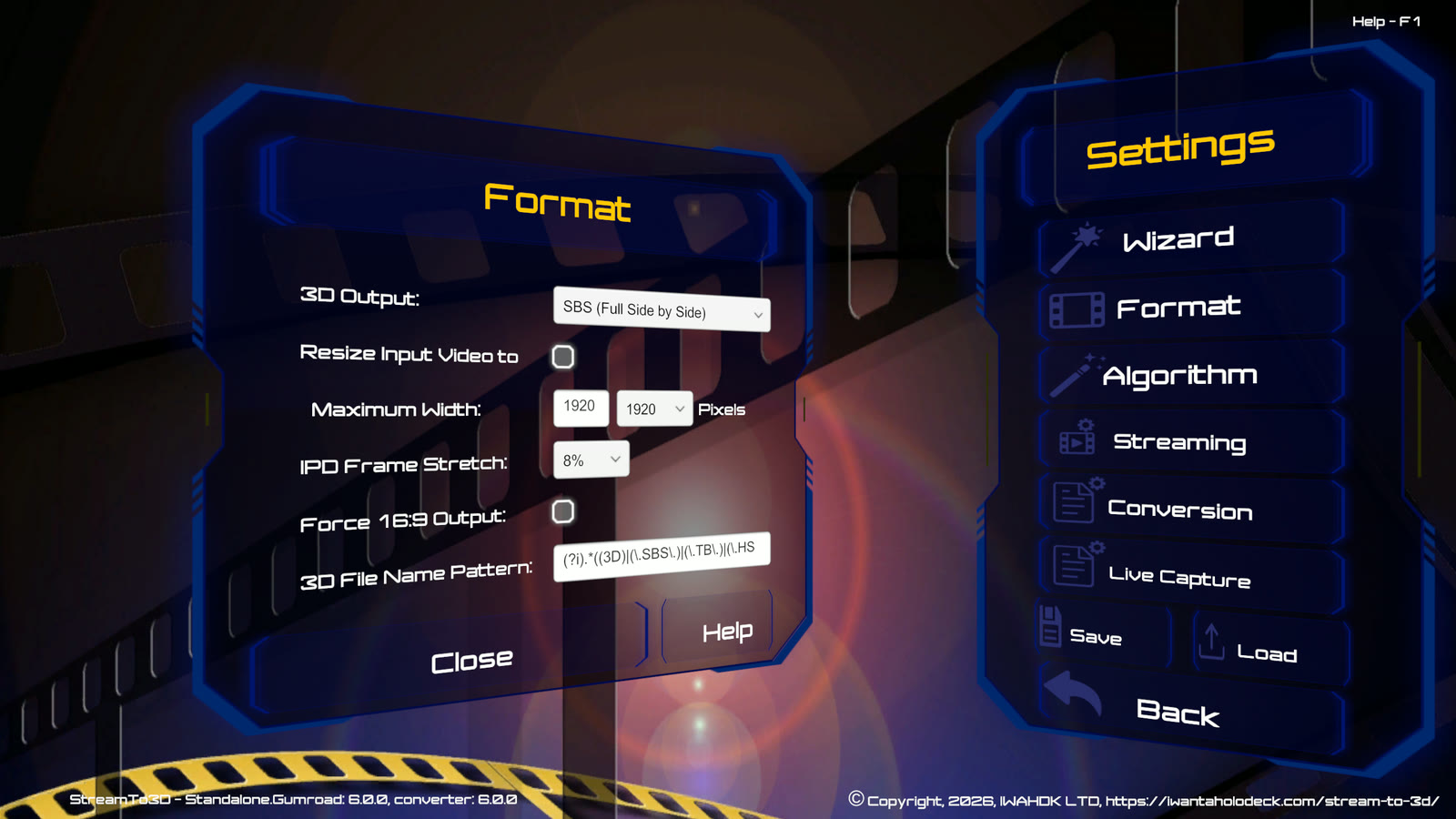 Stream to 3D Release 6 Format settings for output layout, input resizing, aspect ratio and 3D file-name recognition