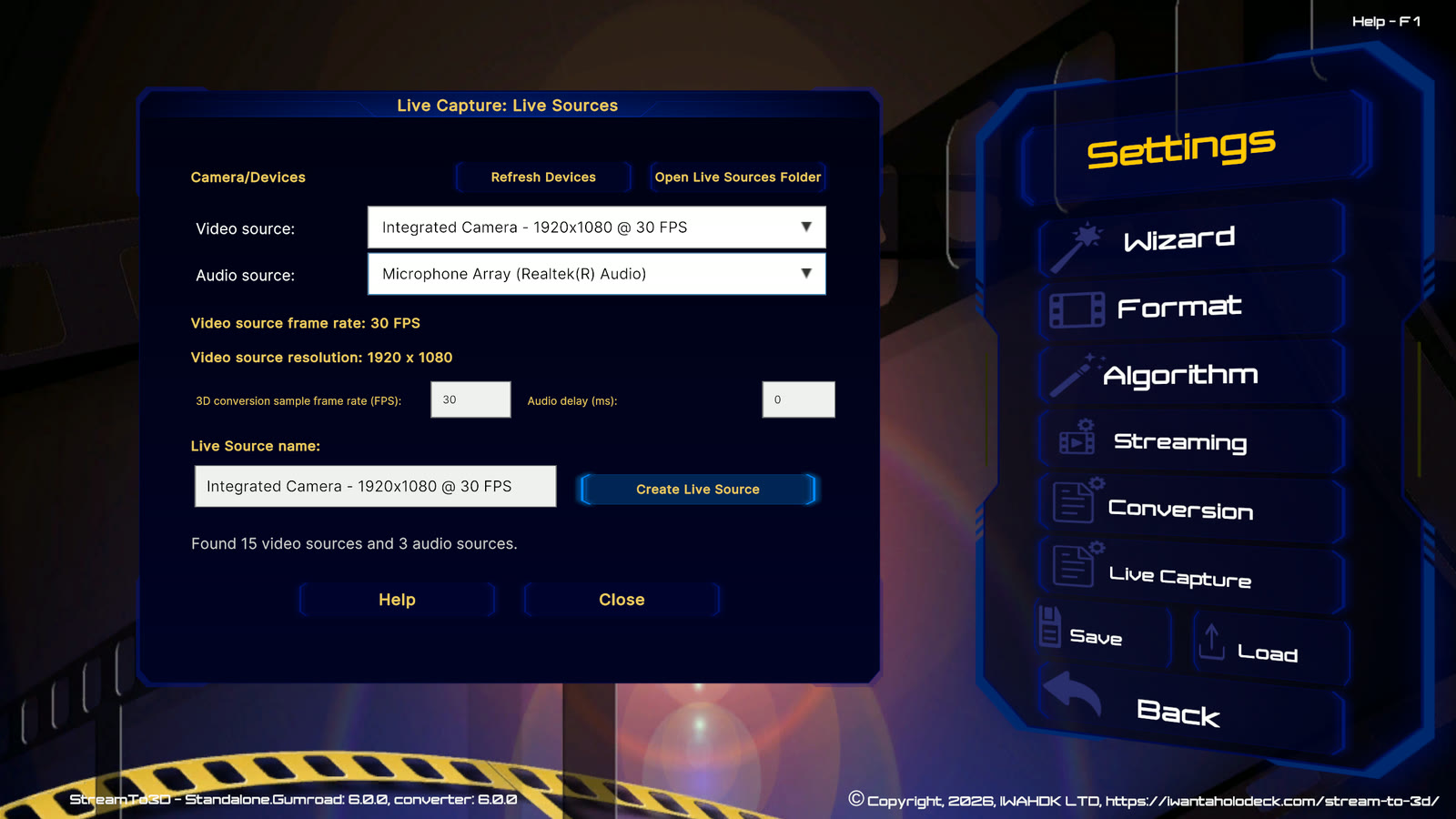 The Release 6 Live Capture dialog with a camera, microphone, source format, sample rate, audio delay and Live Source name
