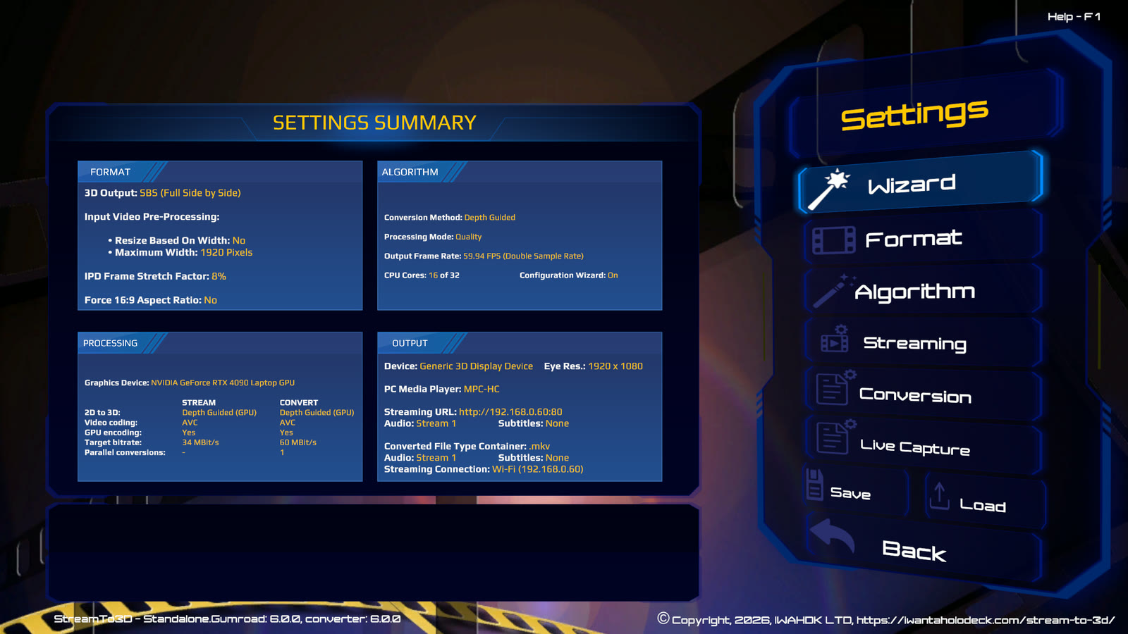 Stream to 3D Release 6 Settings menu showing Wizard, Format, Algorithm, Streaming, Conversion, Live Capture, Save and Load