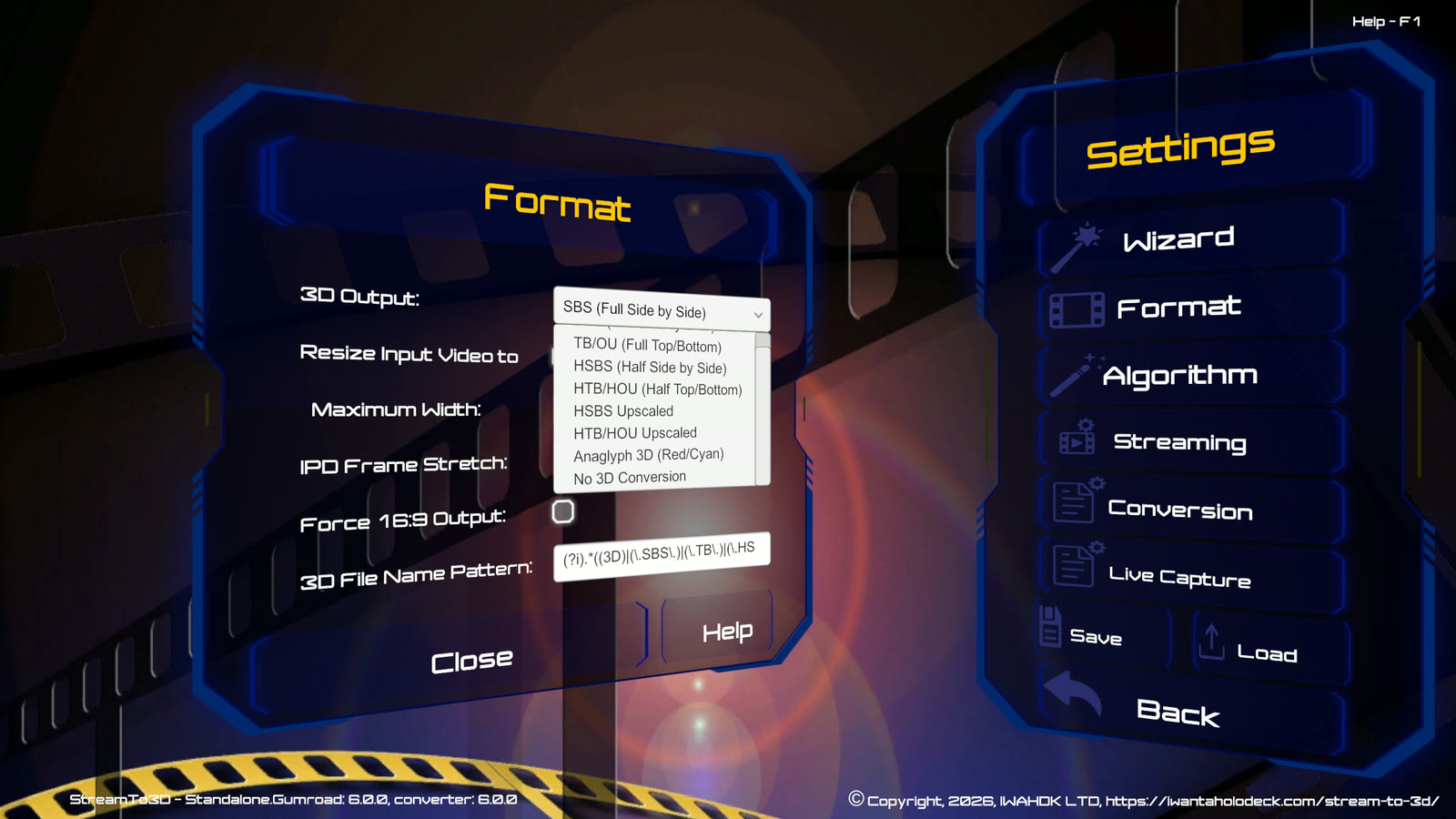 Stream to 3D Release 6 output-format list with Full, Half, Upscaled Half, Anaglyph and no-conversion choices