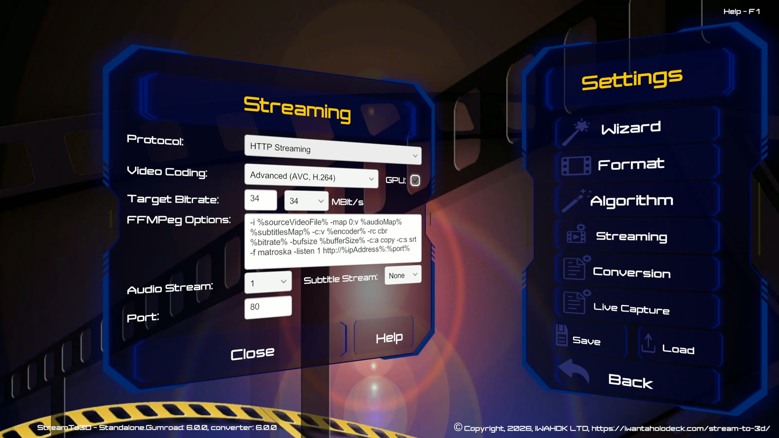 Stream to 3D Release 6 Streaming settings showing protocol, video coding, GPU encoding, bitrate, audio, subtitles and port