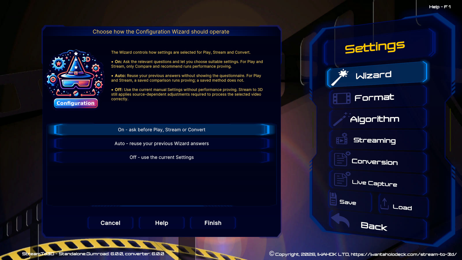 Stream to 3D Settings showing the On, Auto and Off Configuration Wizard modes