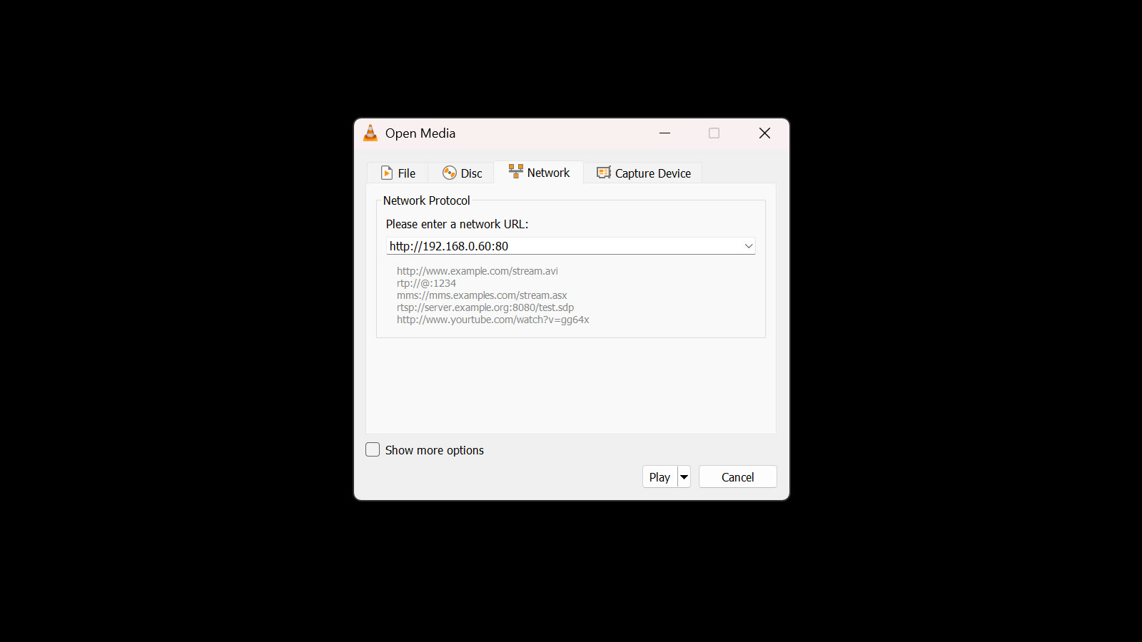 VLC Open Media Network tab with the private LAN URL shown by Stream to 3D