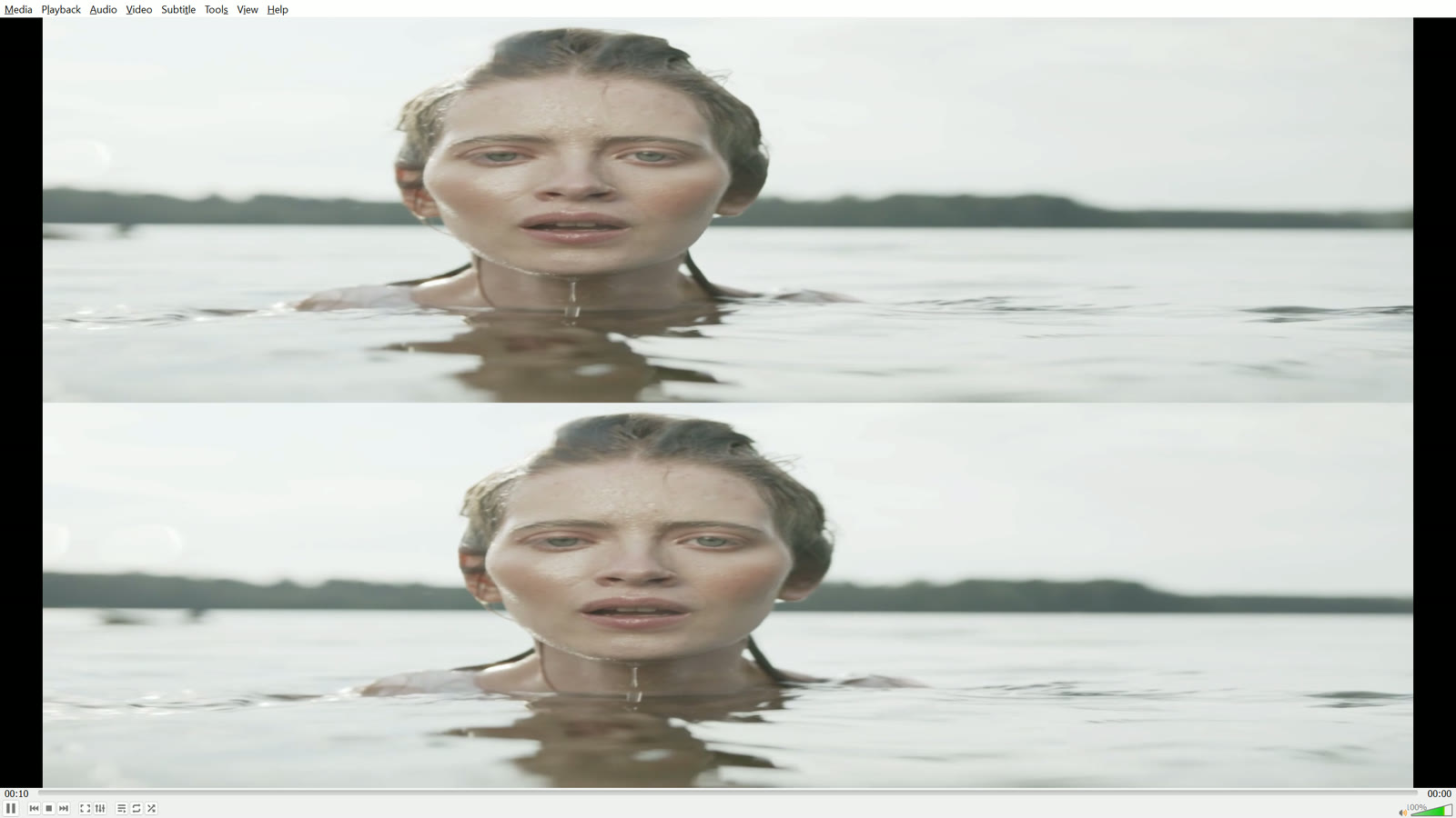 VLC desktop actively receiving the Pexels demonstration reel in a packed top and bottom stereoscopic layout