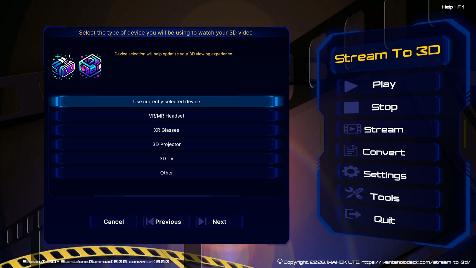 Configuration Wizard offering the current device, VR or MR headset, XR glasses, 3D projector, 3D TV and other device types
