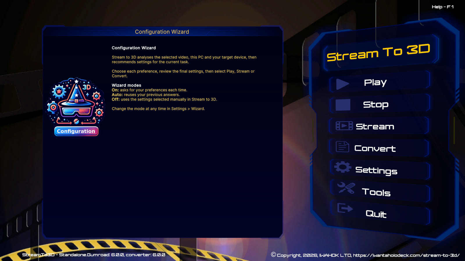 Stream to 3D Configuration Wizard introduction explaining On, Auto and Off modes