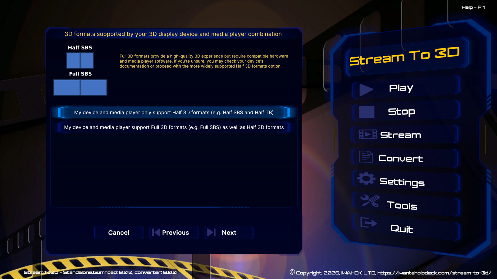 Configuration Wizard asking whether the selected player and display route support Full or Half stereoscopic layouts