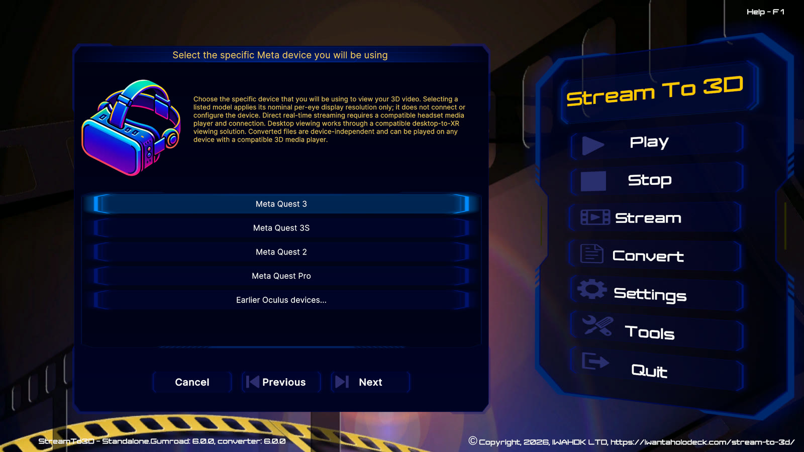 Configuration Wizard showing current Meta Quest devices and an option for earlier Oculus devices