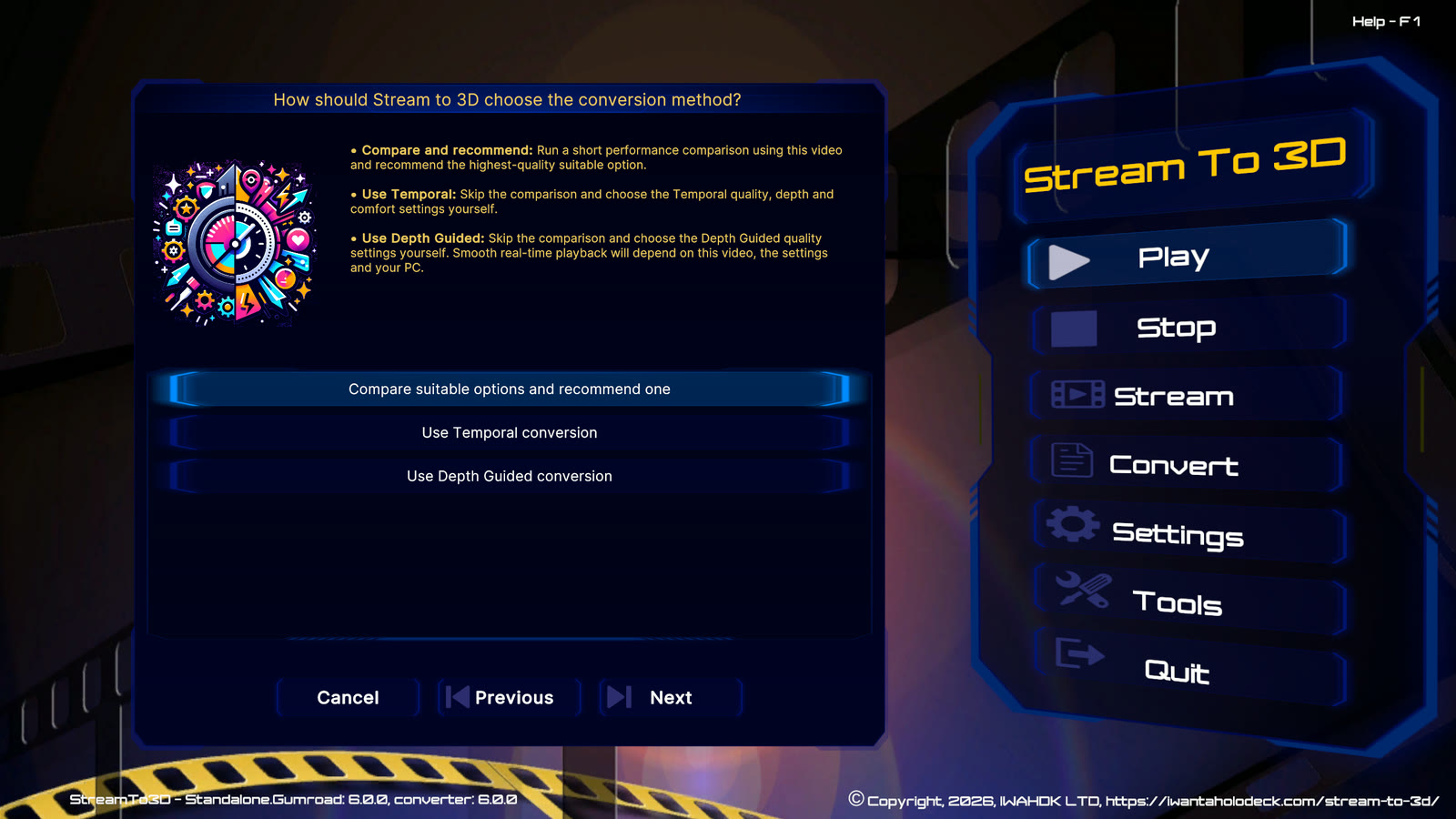 Configuration Wizard offering Compare and recommend, Use Temporal and Use Depth Guided for Play