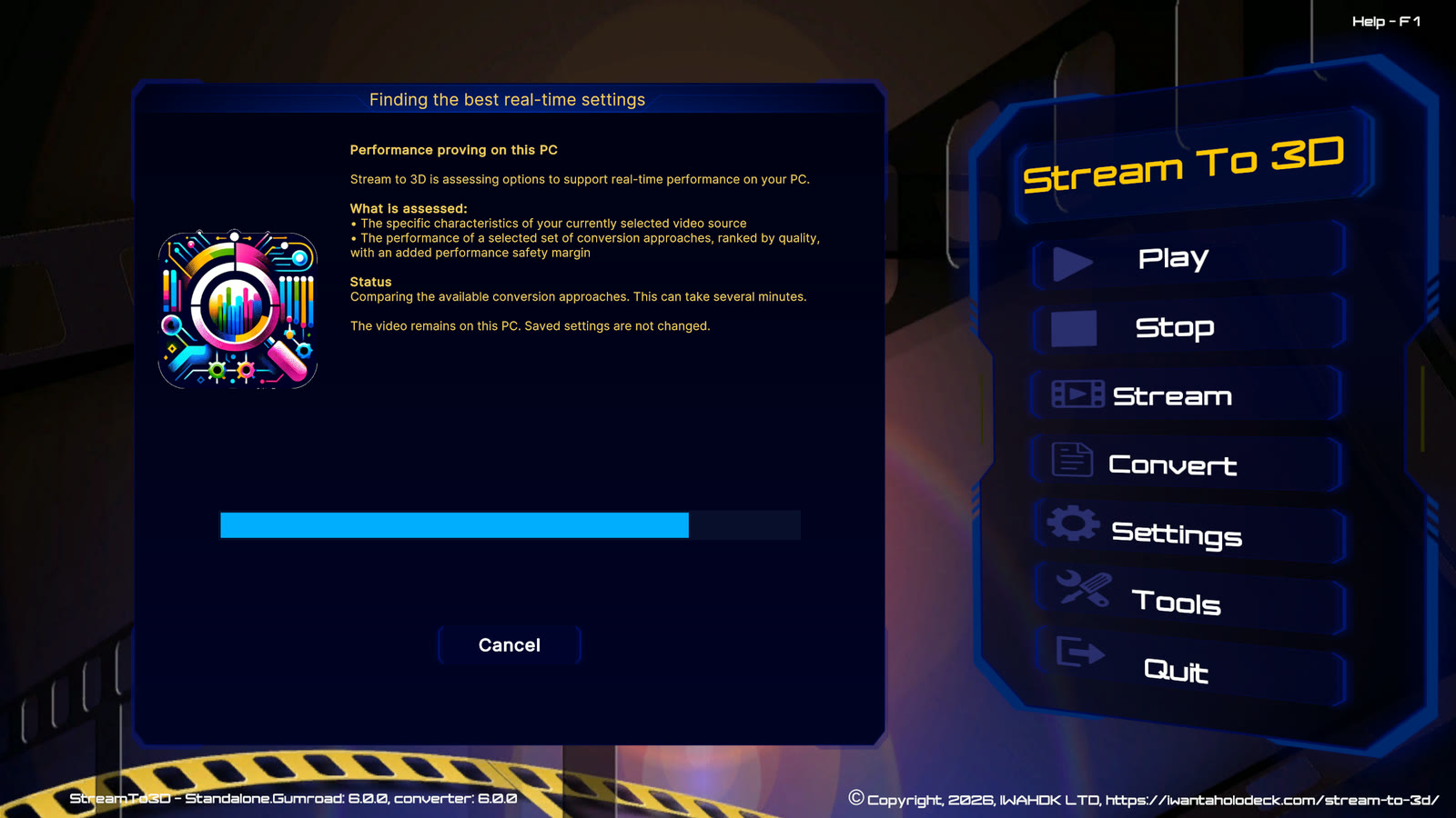 Stream to 3D Configuration Wizard assessing real-time conversion options for a selected video