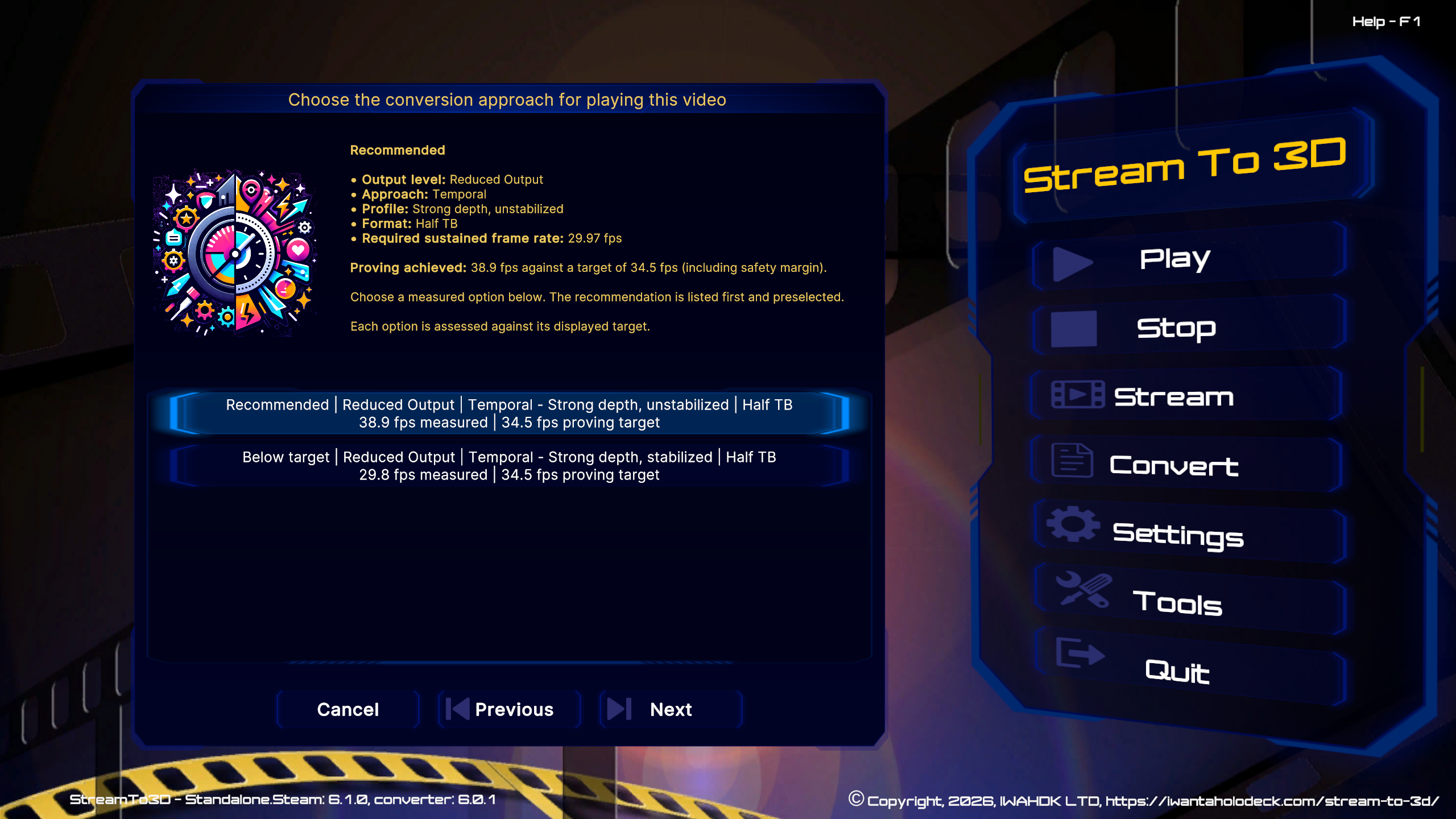Stream to 3D Configuration Wizard recommending a suitable real-time setup for a selected Pexels demonstration video and Windows PC