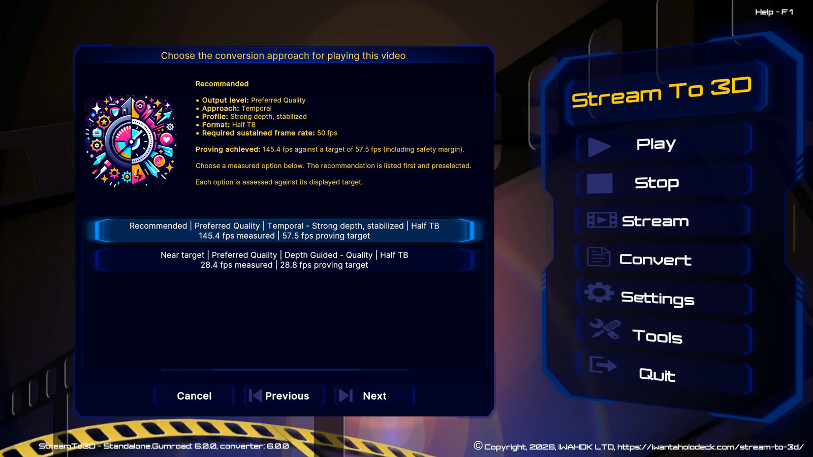 Configuration Wizard recommending a Temporal option and showing a measured Depth Guided alternative