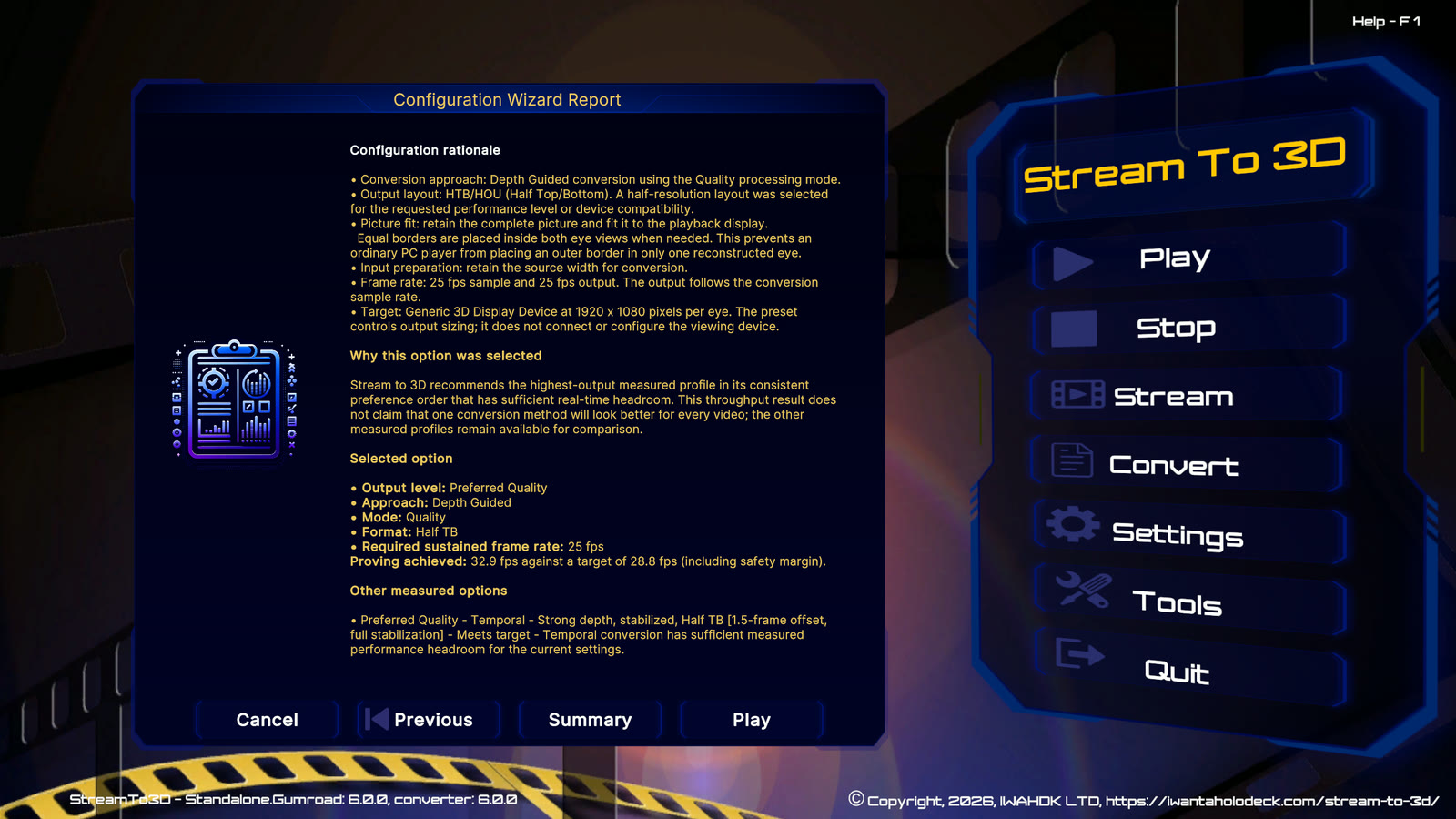 Detailed Configuration Wizard report showing source analysis, performance rationale, player settings and another measured option