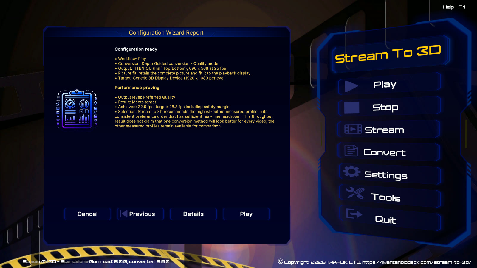 Stream to 3D Configuration Wizard Report summarising proven Depth Guided playback settings