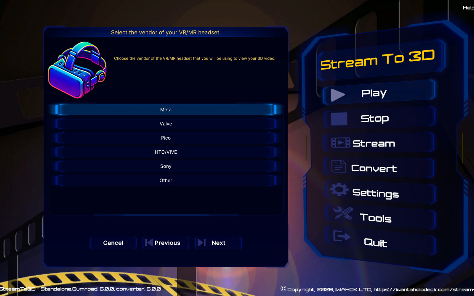 Configuration Wizard VR and MR vendor selection showing Meta, Valve, Pico, HTC and VIVE, Sony and Other