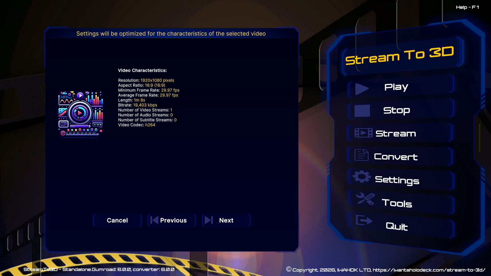 Configuration Wizard reporting the selected video's resolution, aspect ratio, frame rate, duration, bitrate and streams