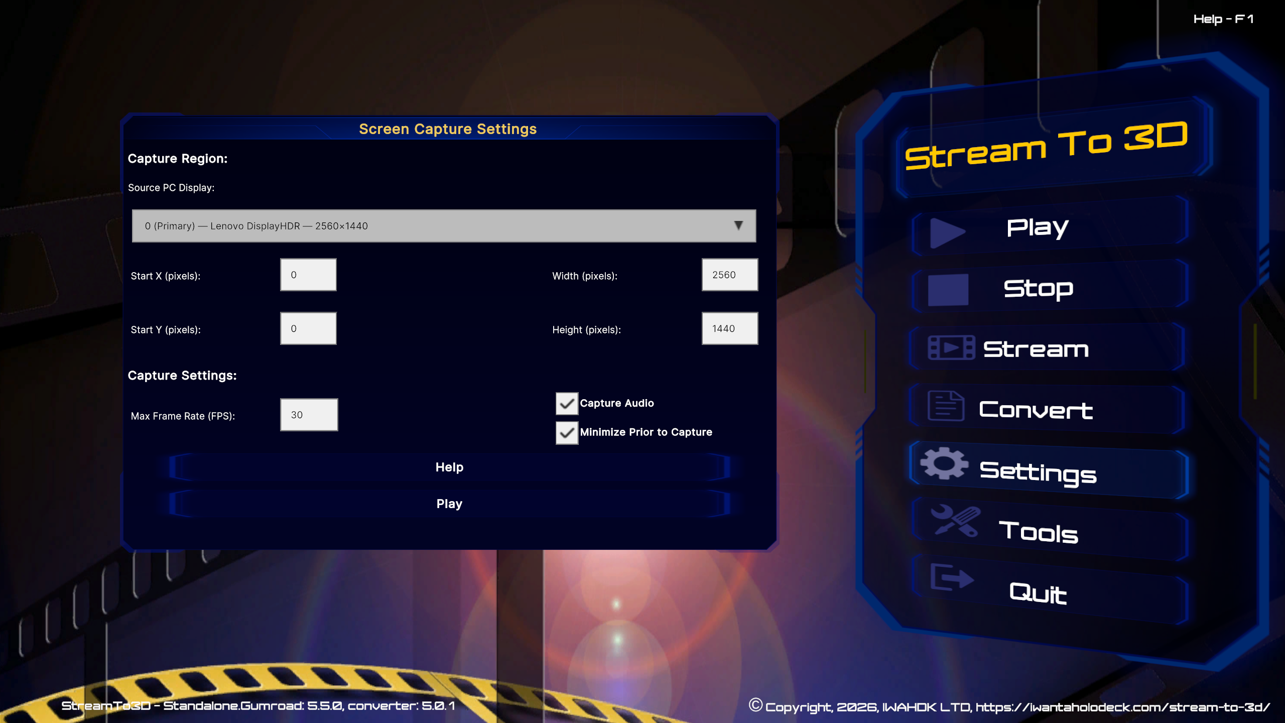 Stream to 3D Screen Capture Settings showing the selected display, full-screen region, frame rate, audio and minimise options