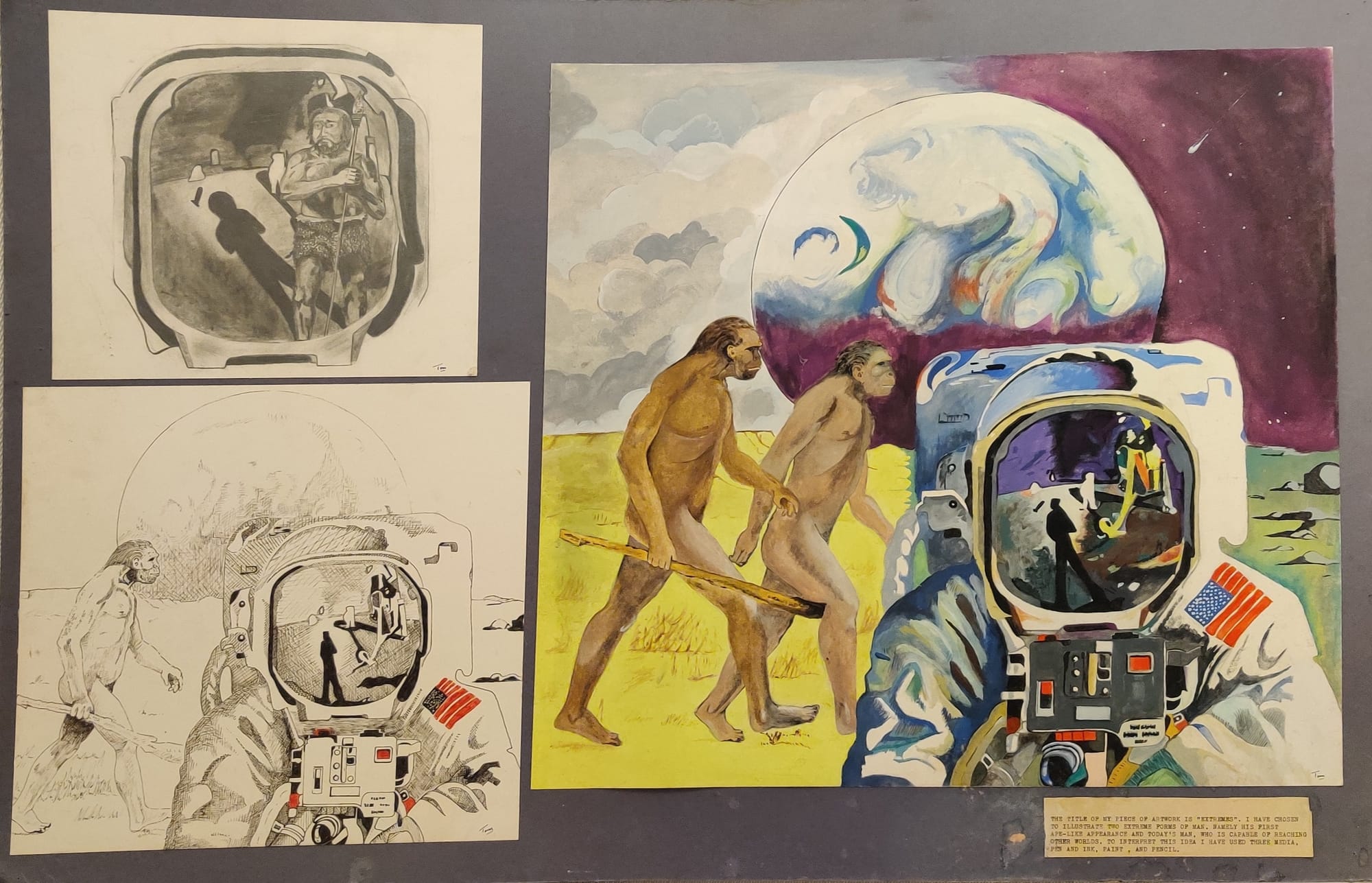 The complete rectangular mounting board for Extremes, combining astronauts, human evolution, the Earth and space in painting, pencil and ink.