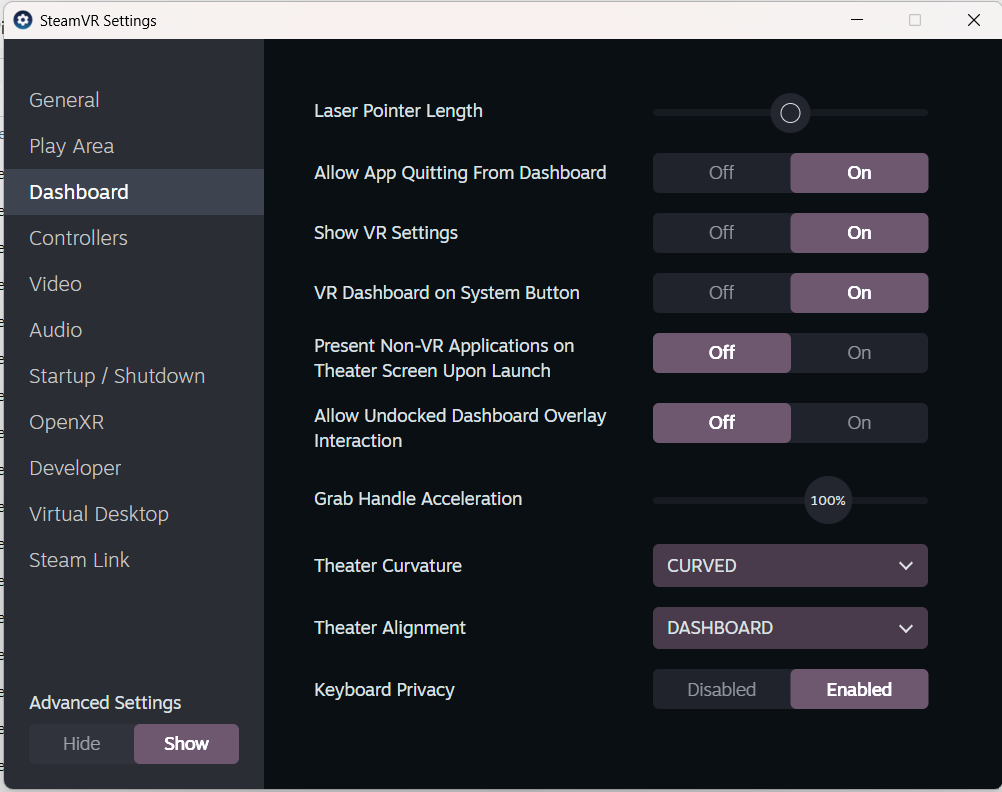 SteamVR Dashboard settings with Present Non-VR Applications on Theater Screen Upon Launch switched off