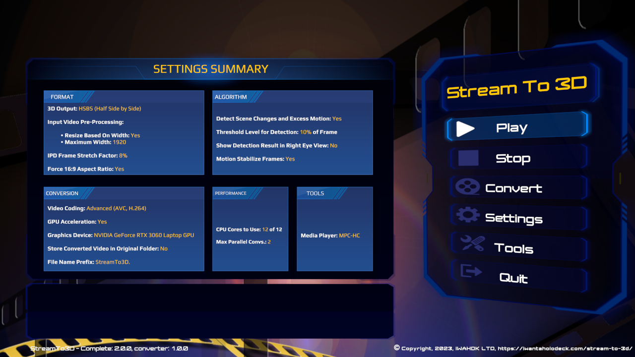 Stream to 3D launch interface showing the settings summary and Play and Convert controls