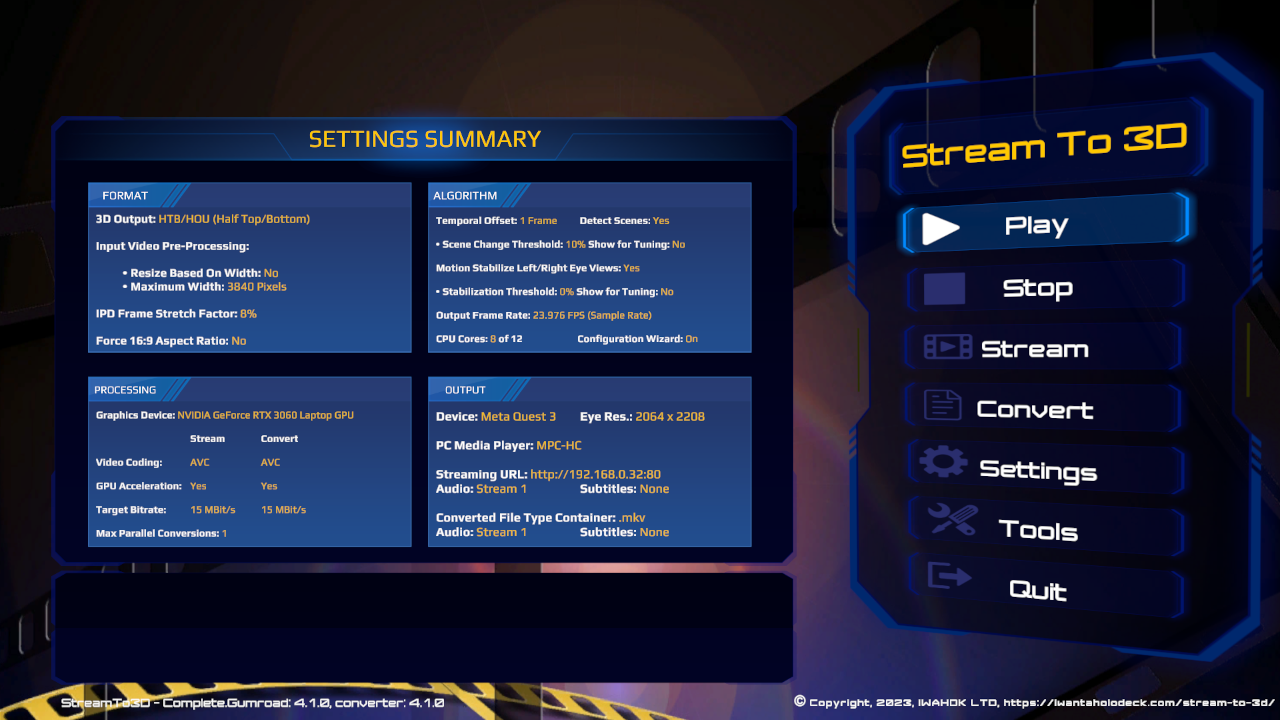 Stream to 3D main application screen