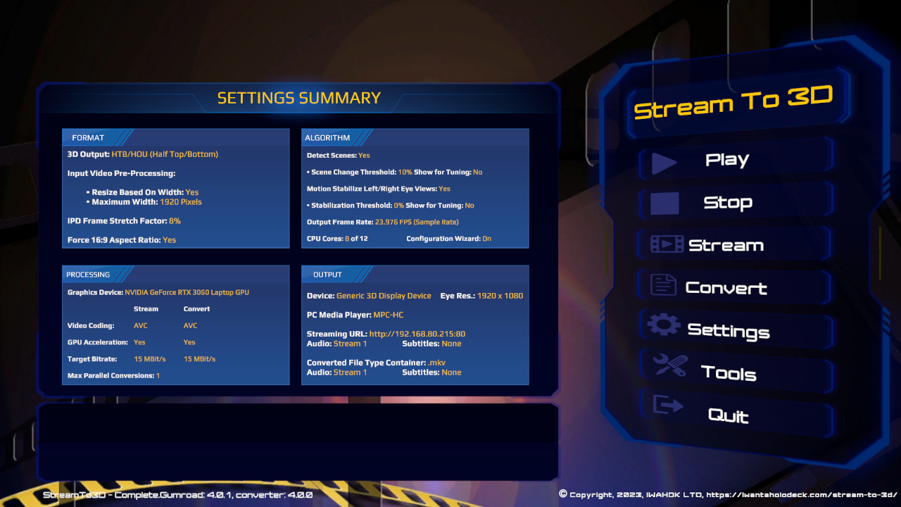 Stream to 3D Release 4 interface showing the Configuration Wizard enabled
